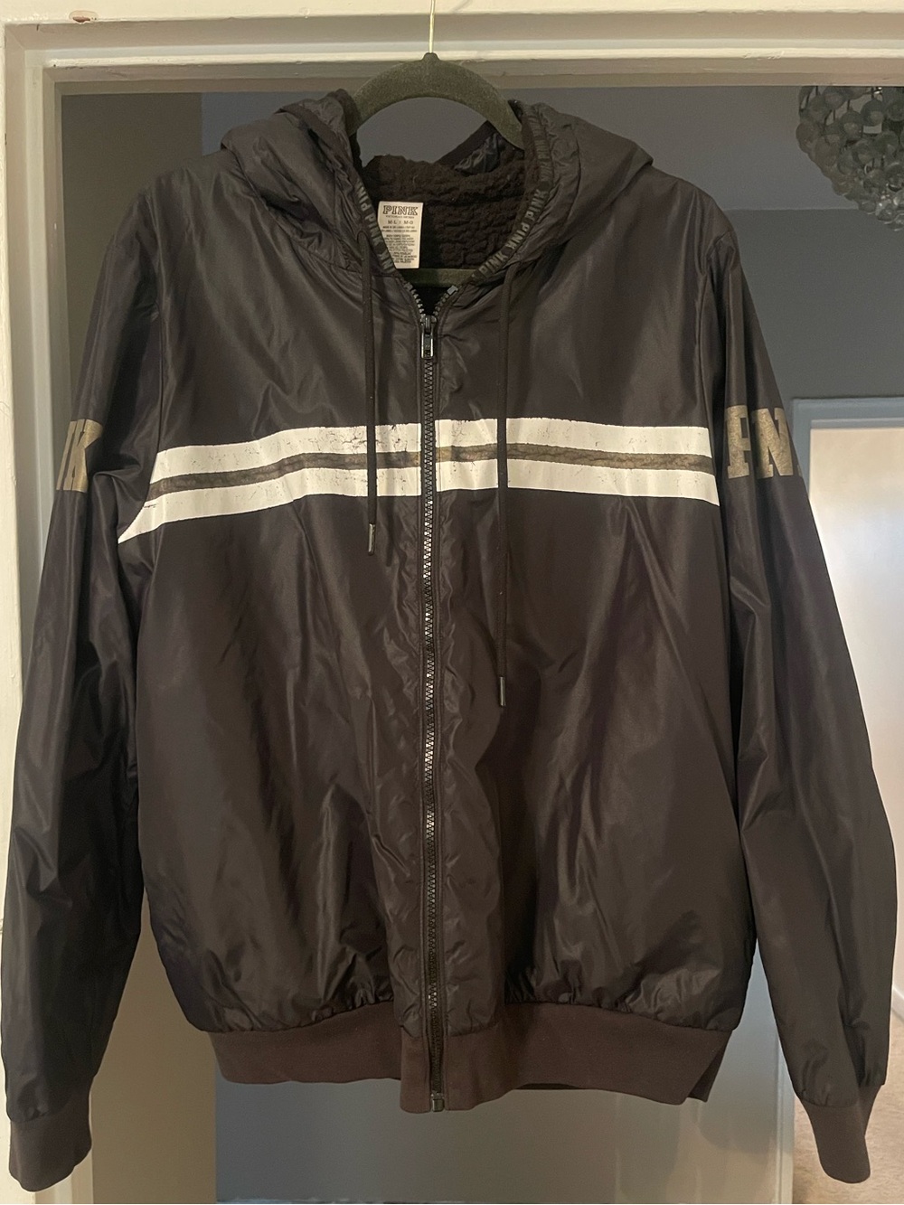 Victoria's Secret Black Hooded Windbreaker with White Stripes